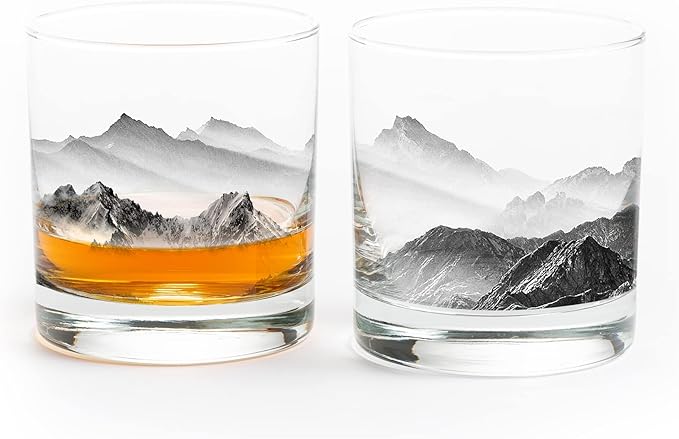 Black Lantern Mountain & Clouds 11oz Rock Glass – Screen-Printed Nature Tumbler for Bourbon, Scotch, and Cocktails – Durable Heavy-Base Glassware