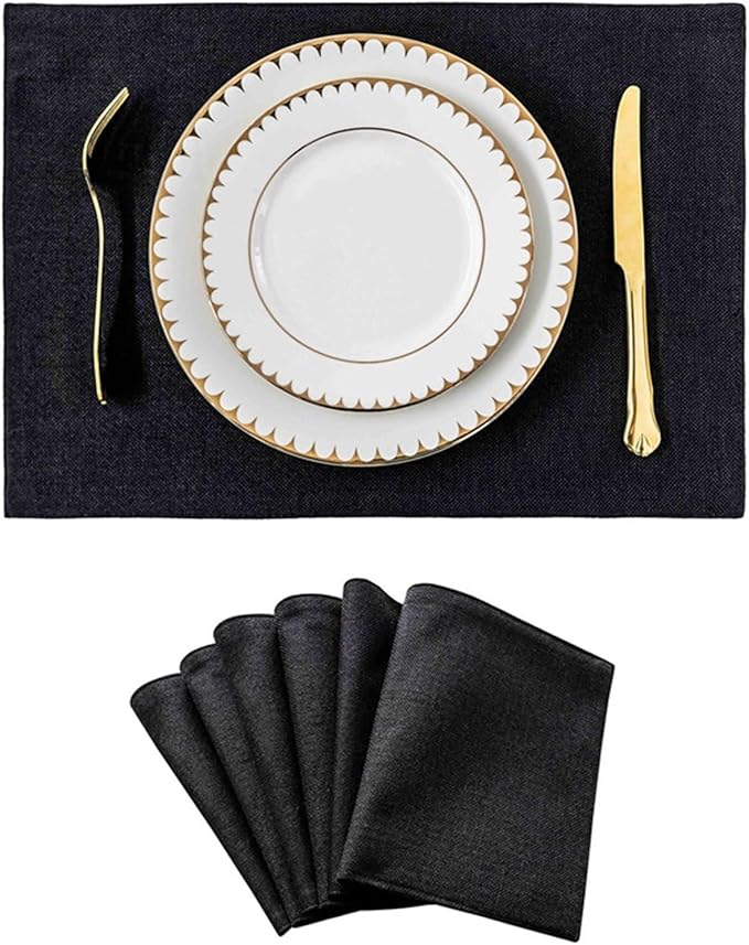 Placemat Set of 4/6 Washable Place Mats Placemats Heat Faux Linen Burlap Placemat for Dining Table Kitchen Table Mats(Black 6 Pieces)