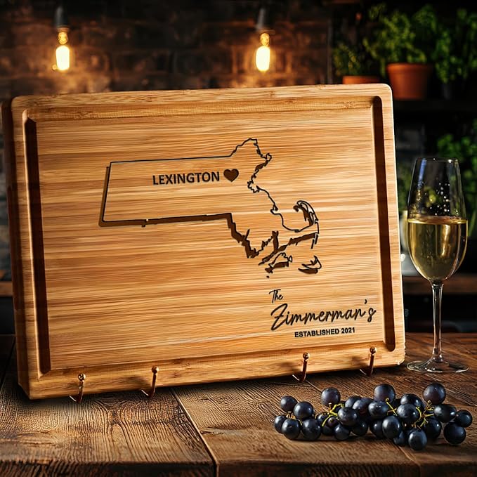 Massachusetts Cutting Board Personalized Gift, Wood State Destination Decor - New Home Kitchen Gifts, Perfect Housewarming Gift, Moving Away Gifts for Family