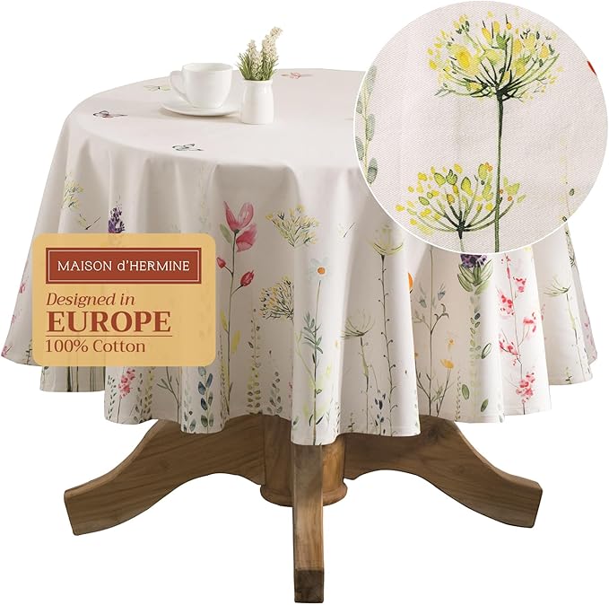 Maison d' Hermine Table Cloth Round Table 100% Cotton 63 Round Inches Tablecloth Reusable Decorative for Dining Room Farmhouse Home Valentines Day Decorations Spring Summer - Botanical Fresh