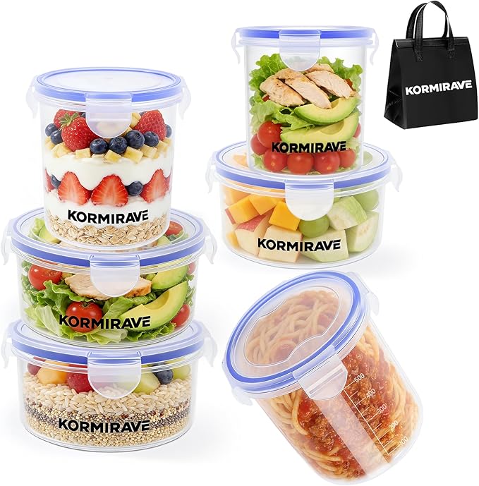 6 Pack Meal Prep Containers with Lids and Insulated Bag - Airtight Leak-Proof Plastic Food Storage for Soup/Lunch, BPA-Free Stackable, Freezer/Microwave/Dishwasher Safe (3×22oz, 3×23oz)