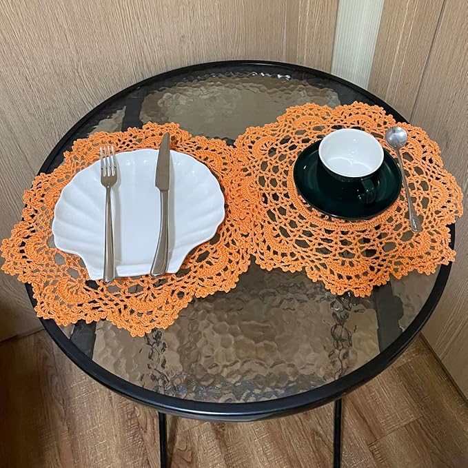 BIBITIME 2PCS Lace Table Doilies Kitchen Placemats Round Handmade Crochet Flower Cup Mug Mat Doily (13 inches to 14 inches,2PCS, Orange)