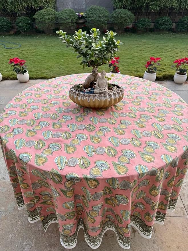 Ridhi Block Print Round Salmon Pink Reusable Tablecloth 100% Cotton 60" Inch Decorative Table Cover eveyday Dining, Home, Party, Wedding, Farmhouse Gift for Spring, Easter, Valentine