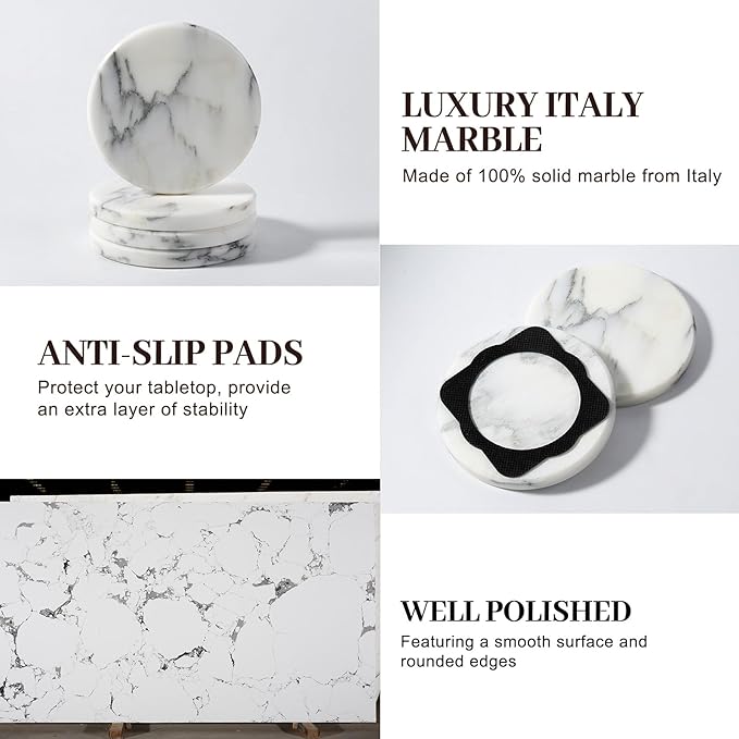 Koville Marble Coaster Set of 4, Round Coasters, 4" Stone Coaster for Drinks Coffee, Marble Coasters for Coffee Table Home Bar Decor, Heat Resistant, Gift Choice(Arabescato)