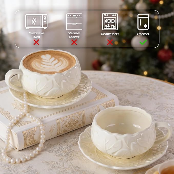 KAMMAK Tea Cups and Saucers Set of 2, Porcelain Coffee Cups, 10-Ounce Stackable Espresso Mugs, Ceramic Demitasse for Coffee, Latte, Americano, Tea, Lucky Cream