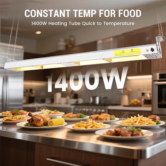 55-Inch Food Heat Lamp - 1400W Commercial Food Warmer Lamp Overhead Stainless Steel Catering Heat Lamps Electric Strip Heater for Restaurant Buffet Parties Kitchen, Silver 115V