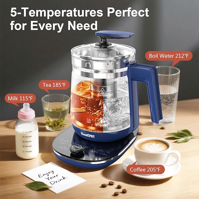 1200w Electric Kettle, 1.5L Borosilicate Glass tea kettle, Hot water kettle electric for Coffee or Tea, BPA Free, Auto Shut-Off, Stainless Steel, Fast Boil, Blue