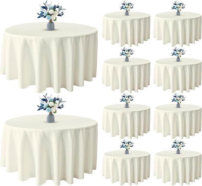 BIGTONE 10 Pack Ivory Round Polyester Tablecloth 120 Inch,Wrinkle and Stain Resistant Washable Polyester Fabric Table Cloth for Dining Room Kitchen Party, Ivory