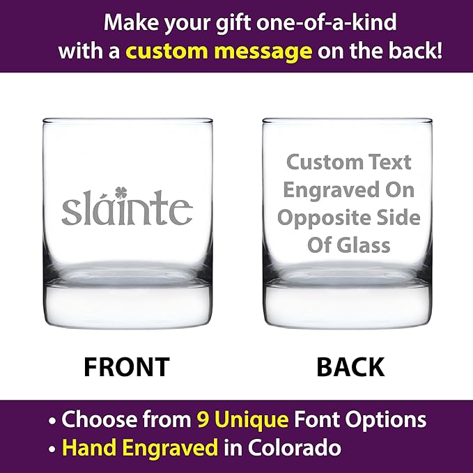 Custom Slainte Irish Cheers - Personalized Whiskey Rocks Glass - Funny St Patricks Day Party Decor or Gifts - 10.25 Ounce - Customized Bourbon Glass Gift