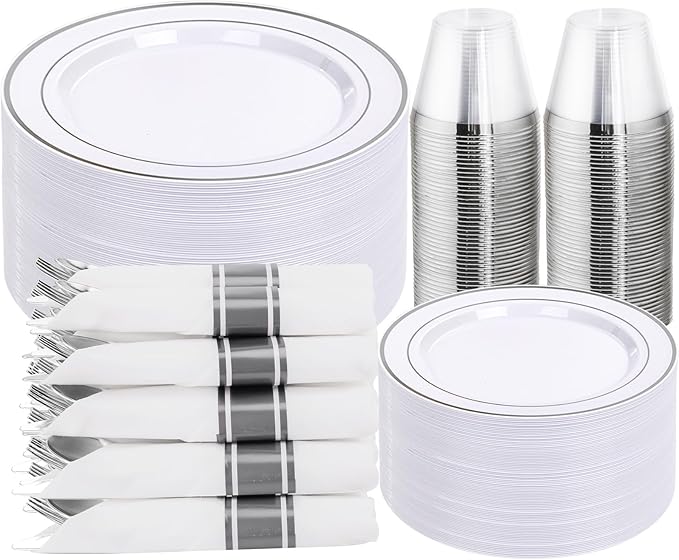 DaYammi 350PCS Silver Plastic Dinnerware Set for 50 Guests, Fancy Disposable Plates for Party, Include: 50 Dinner Plates, 50 Dessert Plates, 50 Pre Rolled Napkins with Silver Silverware, 50 Cups