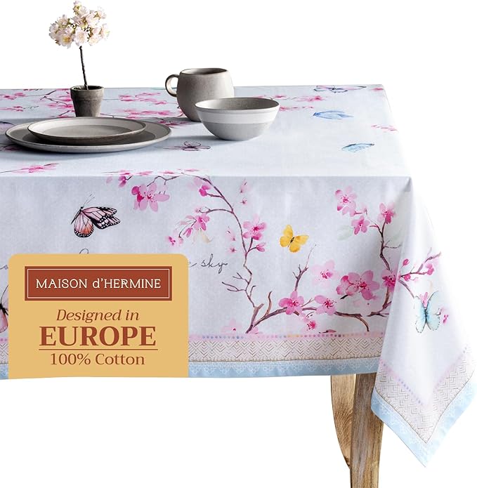 Maison d' Hermine Table Cloth Square Table 100% Cotton 60 x 60 Inches Tablecloth Reusable Decorative for Dining Room Farmhouse Home Valentines Day Decorations Spring Summer - Blossoms in Spring