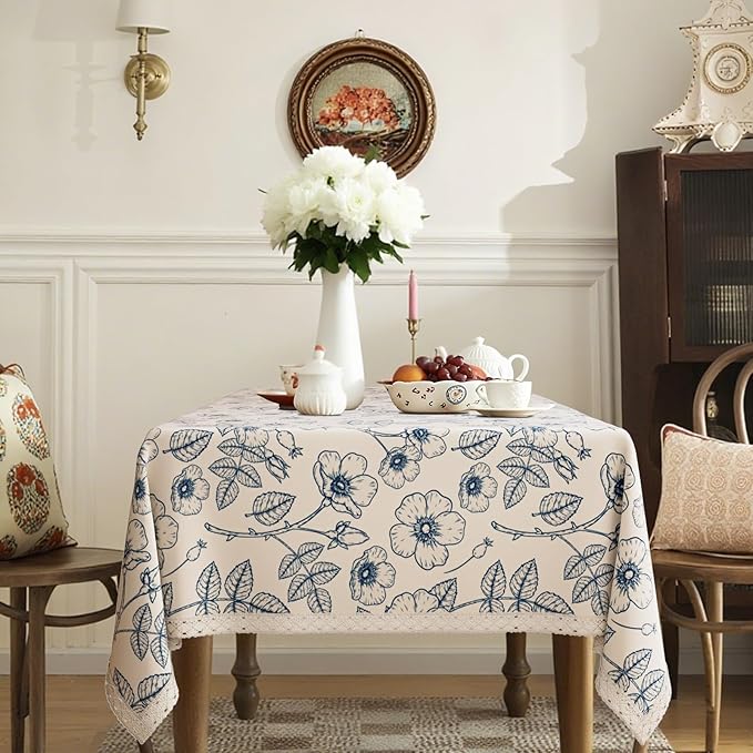 French Vintage Floral Tablecloth Rectangle, Heavy Duty Linen Table Cloth with Blue Flowers and Leaves Pattern, Waterproof Table Cover with lace for Dining Party Holiday, 55''x 70''