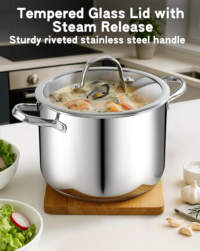 Cooks Standard 8-Quart Stainless Steel Stockpot with Glass Lid, Large Dutch Oven Casserole for Soup, Stew, Chili & Pasta, Induction Compatible