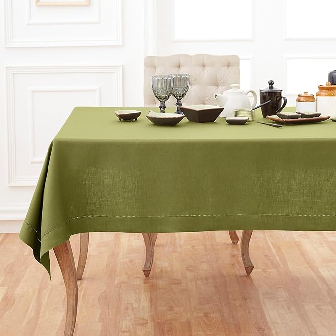 Solino Home Linen Tablecloth 60 x 144 Inch - Classic Hemstitch 100% Pure Linen Avocado Green Table Cloth for Rectangle Tables - Machine Washable Tablecloth for Winter, Spring, St Patricks Day, Easter