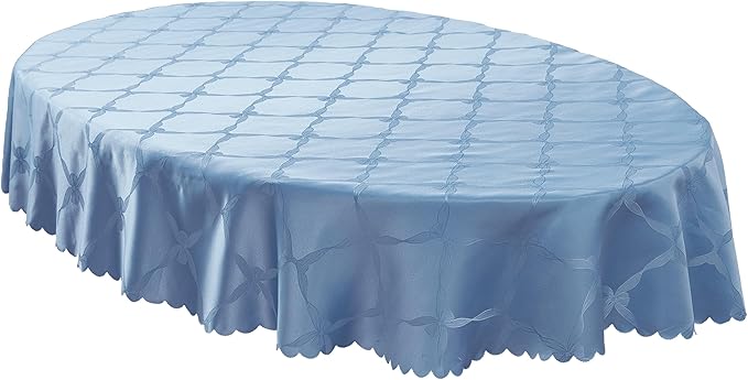 Newbridge Ribbons and Bows Damask Spring & Easter Holiday Fabric Tablecloth, Blue, 60 x 102 Inch Oval, Wrinkle & Stain Resistant Table Cover