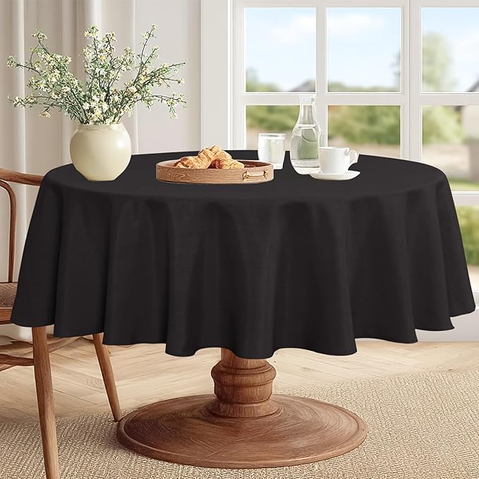 JIUZHEN Round Tablecloth Linen Textured Wrinkle Stain Resistant Farmhouse Table Cloth Decorative Fabric for Kitchen, Dining, Party, Wedding,Outdoor Use,80 Inch Round,Black