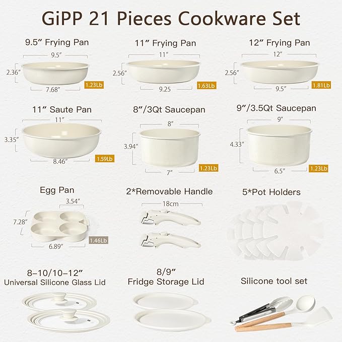 GiPP Ceramic Pots and Pans Set Non Stick, Nonstick Detachable Handle Cookware Sets, Healthy Non Toxic PFAS PFOA & PTFE Free, Dishwasher ＆Oven Safe, Induction Kitchen Pot and Pan, 21 Piece Cream