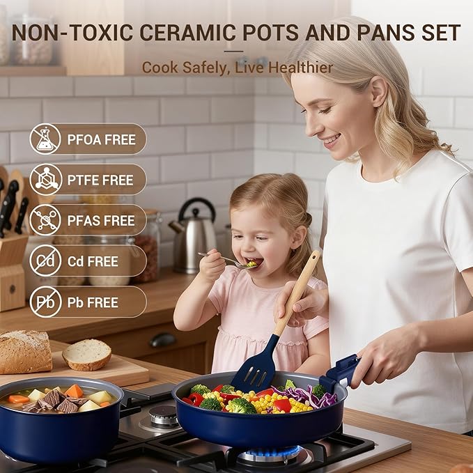 Ammeloo 18-Piece Ceramic Pots and Pans Set Non Stick, Non Toxic Cookware Set with Removable Handles, Pot Sets for Cooking, Induction Ready, Dishwasher & Oven Safe, PFAS PFOA & PTFE Free
