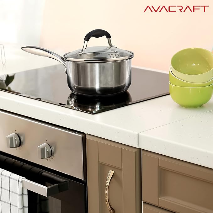 AVACRAFT Stainless Steel Saucepan with Glass Strainer Lid, Two Side Spouts for Easy Pour with Ergonomic Handle, Multipurpose Sauce Pot (5-Ply Capsule Bottom, 1.5 Quart)