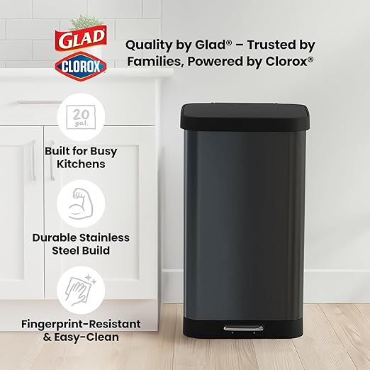 Glad Stainless Steel Step Trash Can, Large Metal Kitchen Garbage Bin with Soft Close Lid, 20 Gallon, Pewter - Indoor & Outdoor Waste Container with Odor Protection and Bag Roll Holder