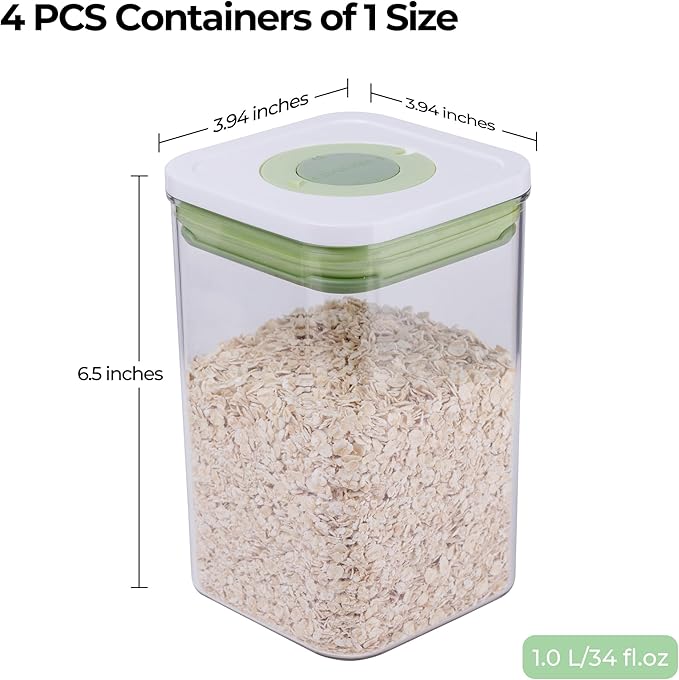 linoroso Pop Airtight Food Storage Containers with Time Recording Lids, BPA-Free Stackable Plastic Storage Containers Set of 4, Dry Cereal Container Set for Pantry Countertop Fridge Organization