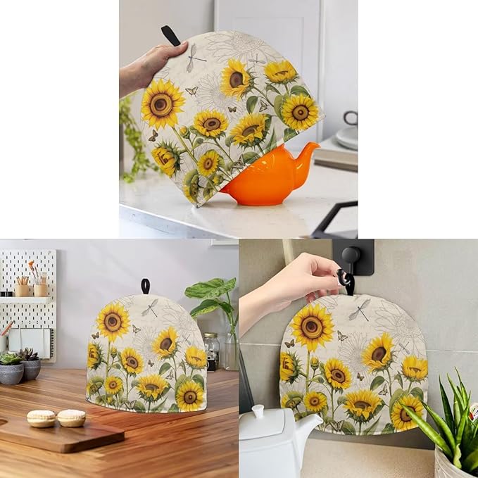 Tea Cozy for Teapots with Handle, Sunflower Butterfly & Dragonfly Print Dust Insulated Cover, Hanging Fold-Up Design, Suitable for Kitchen and Living Room Table Decoration