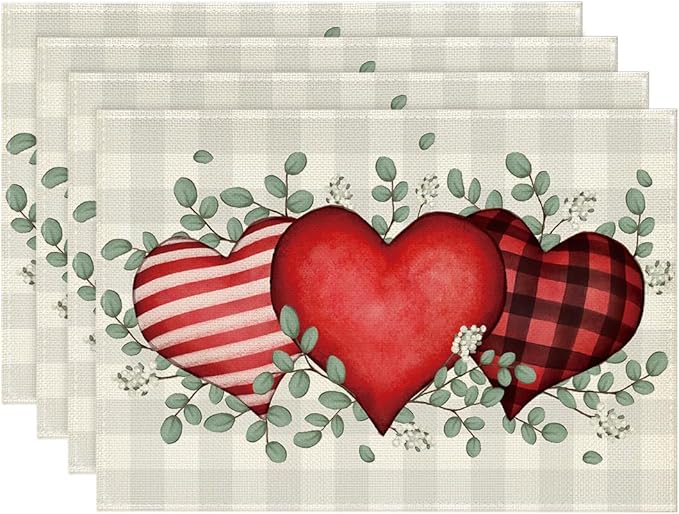 Artoid Mode Buffalo Plaid Eucalyptus Hearts Valentine Placemats Set of 4, 12x18 Inch Wedding Holiday Table Mats for Party Kitchen Dining Decoration
