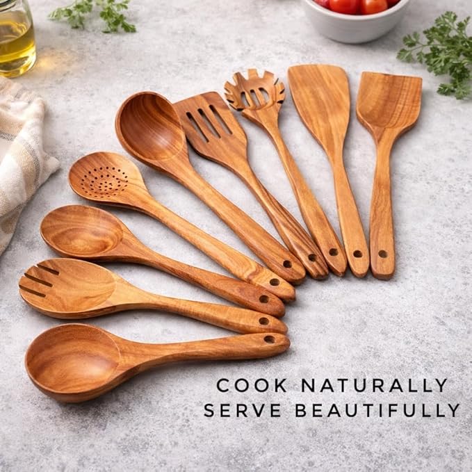 9-Piece Wooden Cooking Utensil Set – Premium Wood Kitchenware for Nonstick Cookware, Heat-Resistant & Durable Wooden Spoons and Spatulas – Eco-Friendly Kitchen Tools for Stirring & Serving