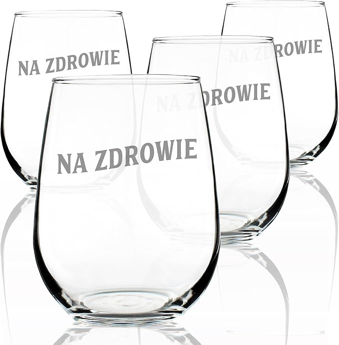 Bevvee Na Zdrowie Polish Cheers - Stemless Wine Glasses - Set of 4 - Cute Poland Themed Gifts or Party Decor - Large 17 Ounce
