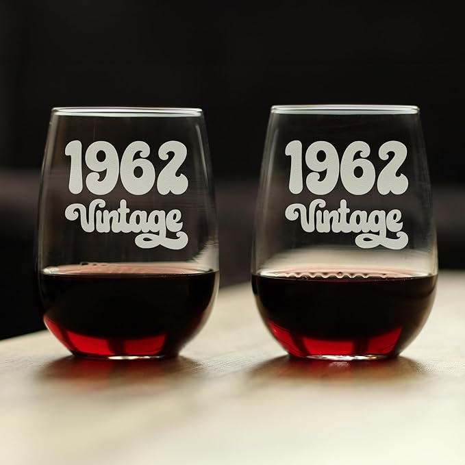 Bevvee Vintage 1962 Stemless Wine Glass - 64th Birthday Gifts for Women & Men Turning 64 - Bday Party Decor - Set of 2 - Large 17 oz