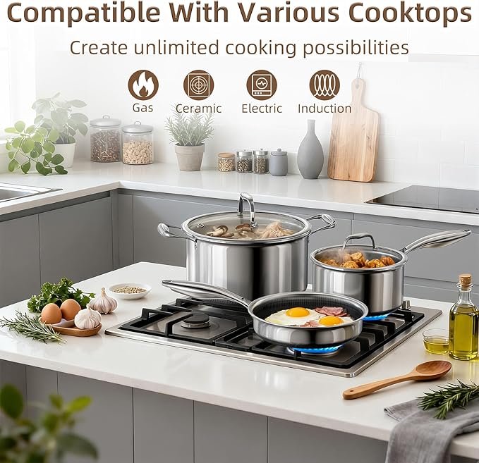Yoehka 14-Piece Hybrid Stainless Steel Cookware Set, Non-Stick Pots and Pans Set with 3 Silicone Trivets | Induction Compatible Frying Pans, Saucepans, Saute Pan & Stock Pot | Oven Dishwasher Safe