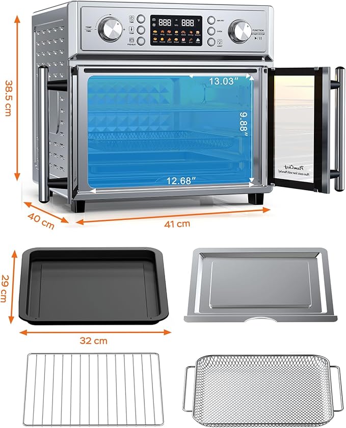 PlumChef 29.5QT Large Capacity French Double-Door Air Fryer Convection Toaster Oven, 1700W, 14 Preset Menus, 7-in-1 Multi-Function (Bake, Roast, Gril,Toast,Dehydrate&Defrost), Stainless Steel,silvery