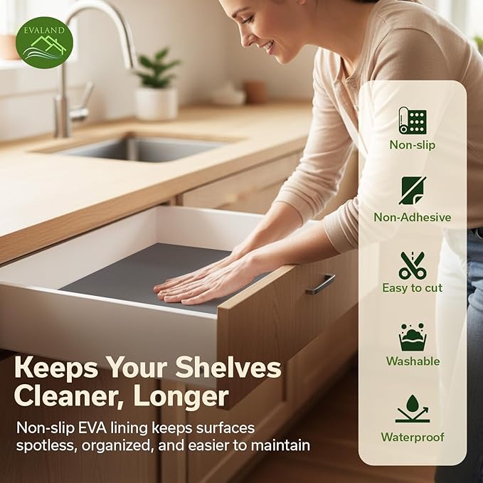 EVALAND Shelf Liners for Kitchen Cabinets Non-Adhesive 12" x 33 FT Gray Drawer Liner Non Slip, Washable Cabinet Liner, Waterproof Shelf Liners for Cabinets, Refrigerator Bathroom Pantry Cabinet Mat