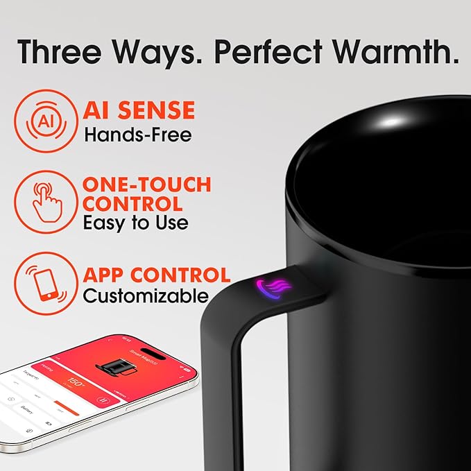 Vsitoo S3 12oz Heated Mug - Temperature Control Smart Mug with Mug Warmer, Perfect for Espresso, Auto-Sensing AI Heats Drinks to 120-150°F Hands-Free.Ideal for Home/Office/Gifts，Black