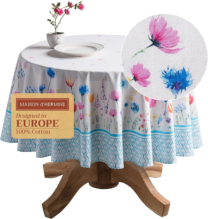 Maison d' Hermine Table Cloth Round Table 100% Cotton 69 Round Inches Tablecloth Reusable Decorative for Dining Room Farmhouse Home Valentines Day Decorations Spring Summer - Flower in The Field