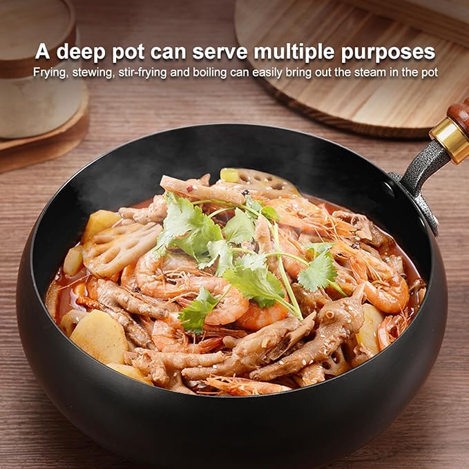 Carbon Steel Wok Pan, 11" Woks & Stir-Fry Pans with Wooden Lid Cookwares, Nonstick Wok Flat Bottom Small Handmade Chinese Wok For for All Stoves