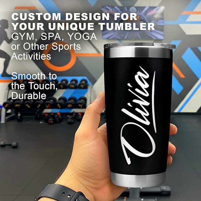 Personalized 20 oz Engraved Tumbler – Custom Name Stainless Steel Insulated Travel Cup, Double-Wall, Keeps Drinks Hot & Cold, Durable Powder-Coated Coffee Mug – Gift for Him, Her, Made in USA.