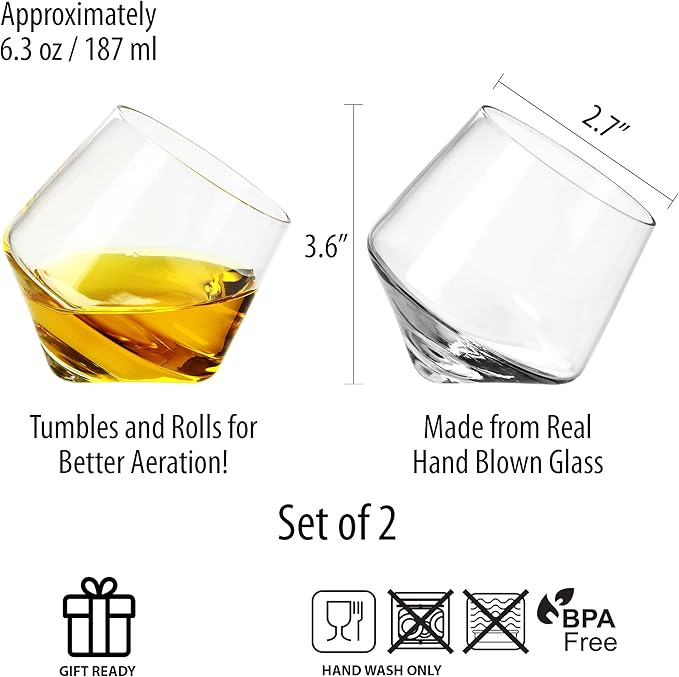 Barbuzzo Rolling Whiskey Glasses (Set of 2) – Hand-Blown Stemless Whiskey Glasses That Roll for Better Aeration – Perfect for a Variety of Spirits, Malts, Highballs and Cocktails – Holds 6.3 Ounces