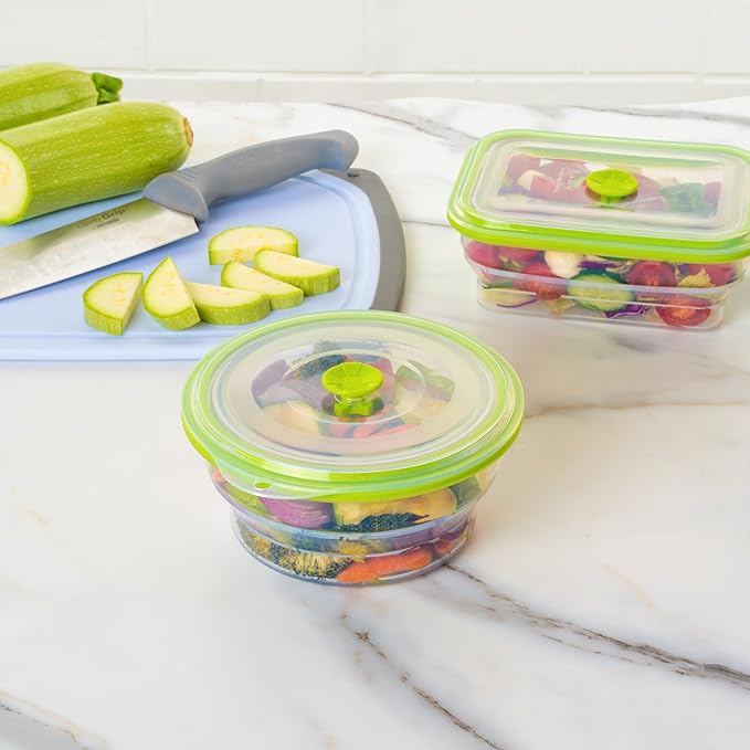 Restaurantware-Fresh Hero 30.6 Ounce Storage Containers, 20 Durable Airtight Food Containers - Microwavable, Freezable, Green Silicone Collapsible Container, Dishwashable, With Vented Lids