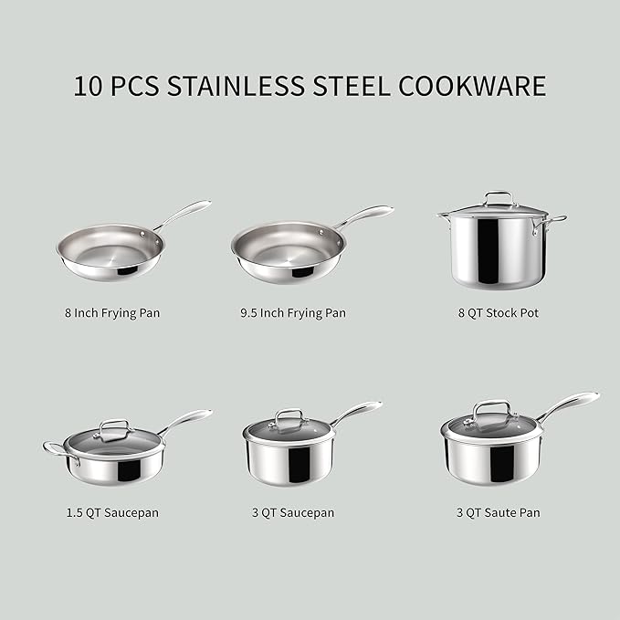 5-Ply 10 Pcs Stainless Steel Cookware Set, Pots and Pans Set, Frying Pans, Saucepans, Saute Pan and Stock Pot, Compatible with All Cooktops