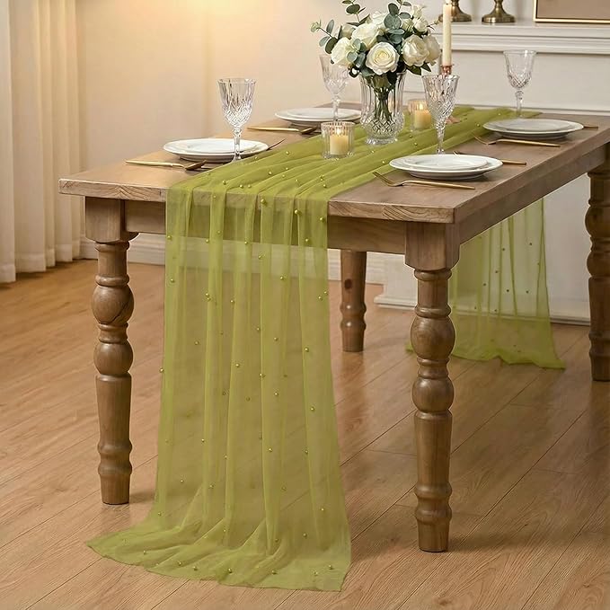 Artoid Mode Pearl Olive Green Gauze Table Runner 120 Inch 10FT, Seasonal Sheer Dining Holiday Wedding Birthday Baby Shower Table Decor for Home Party