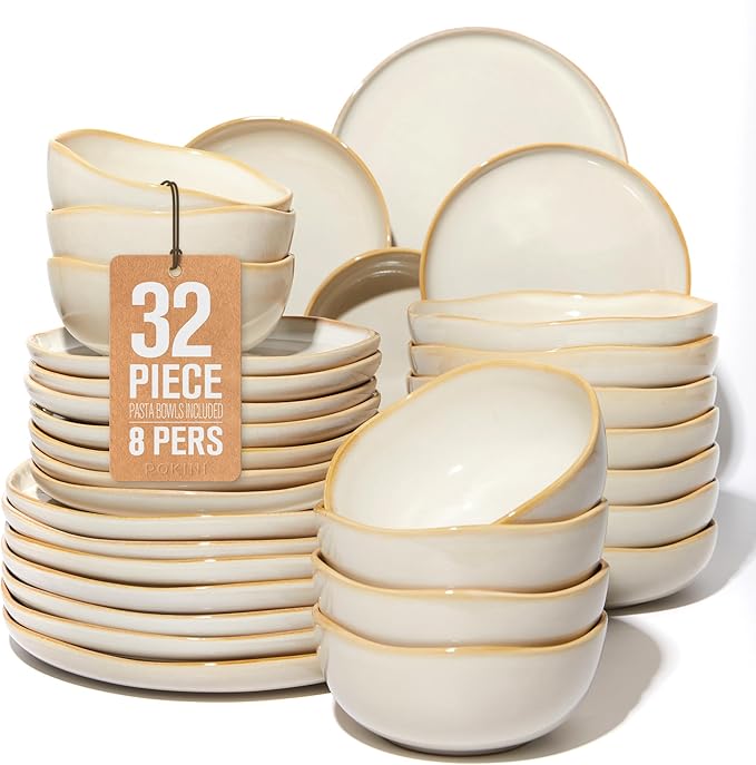 32 Piece Dinnerware Set for 8 with Pasta Bowls, Yellow White Reactive Glaze Stoneware | All‑in‑One Host Set for Entertaining, Holiday Meals, Multi‑Course Dish Set | Unique Irregular Look