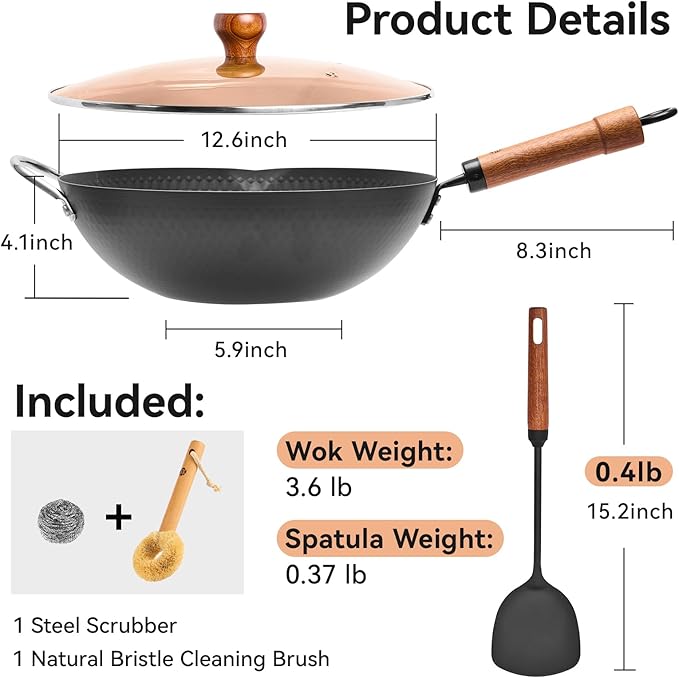 WANGYUANJI 12.6 Inch Iron Wok with Glass Lid and Iron Spatula, Flat Bottom Carbon Steel Wok Pan with Helper Handle, Non-Coated Stir Fry Pan for Induction, Gas and Electric Stoves