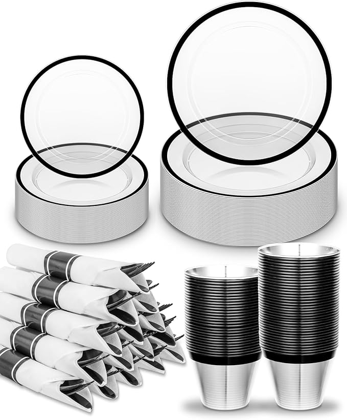 175PCS Plastic Clear Black Plates for Party, Disposable Dinnerware Set for 25 Guests,50 Plastic Plates, 25 Cups, 25 Pre-Rolled Napkins with Cutlery for Party, Christmas, Wedding