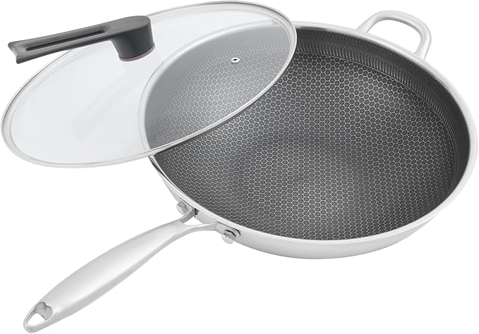 14.2 inch Stainless Steel Stir-fry Wok, Cooking Frying Pan, Non Stick Honeycomb Skillet with Stay Cool Handle, Class LId, Suitable for Induction, Ceramic, Electric, and Gas Cooktops