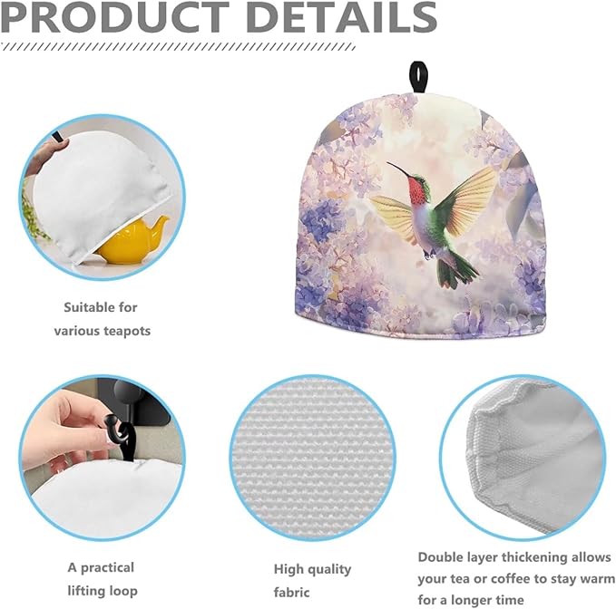 Hummingbird Purple Flower Tea Cozy for Teapot Insulated Tea Cosy Washable Tea Pot Dust Covers Breakfast Warmer for Home Kitchen Office Holiday Party Décor