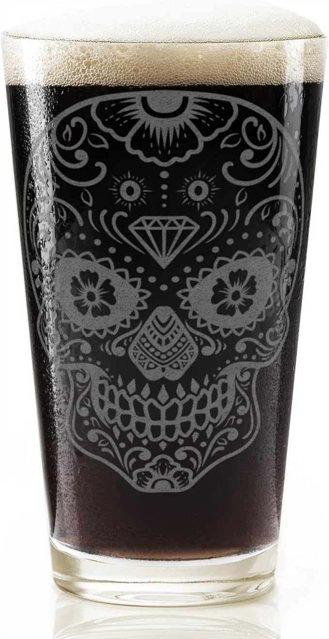 SUGAR SKULL Engraved Pint Glass | 16oz Rim Tempered | Day Of The Dead Dia De Los Muertos Mexican Inspired | Great Gift Idea!