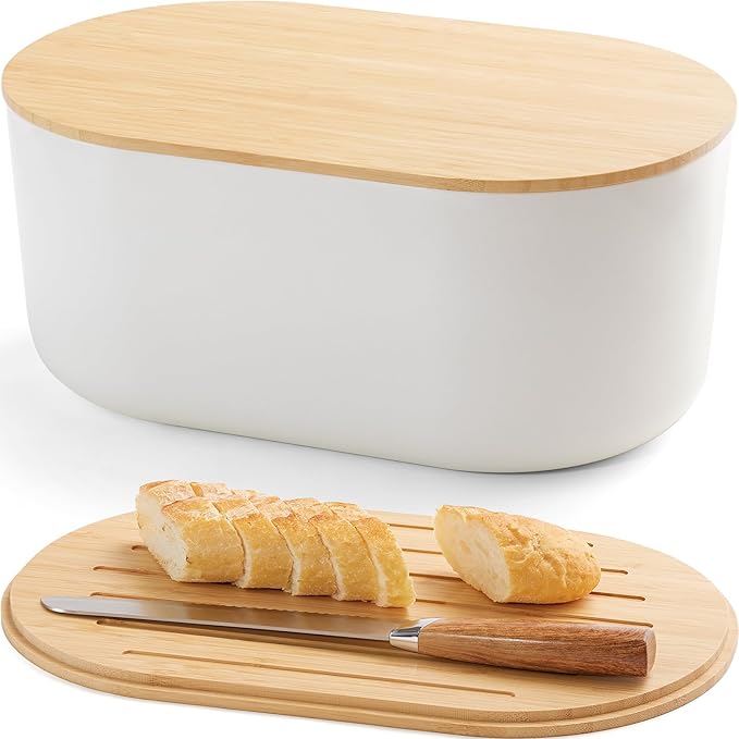 HouseJoy Large Bread Box for Kitchen Countertop,Fiber Bread Box With Cutting Board Lid,White Bread Storage for Homemade Container,Corner Bread Holder for Toast Bagel Donut Cookies