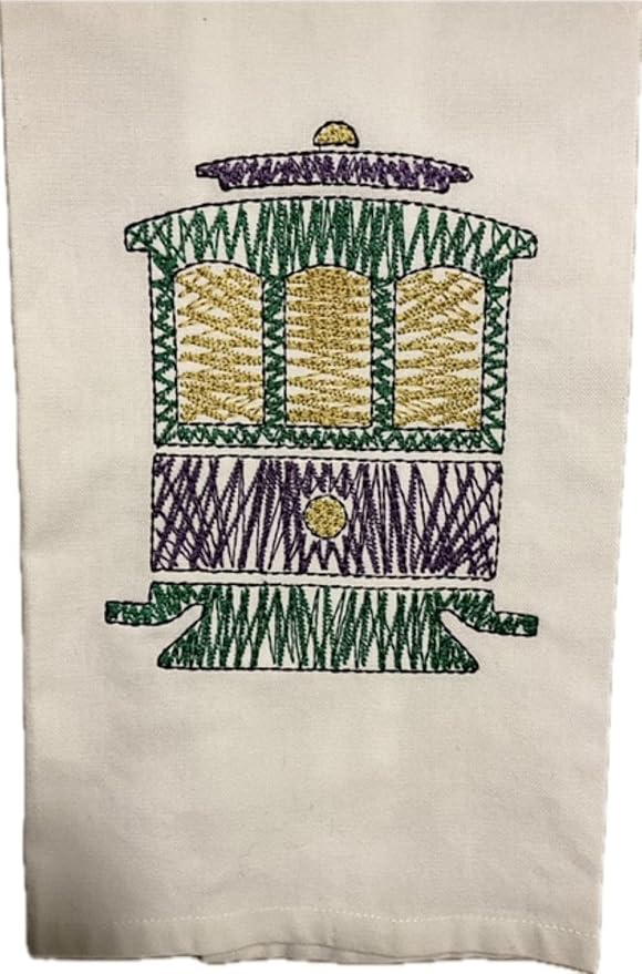 New Orleans Mardi Gras Streetcar Kitchen Tea Towel Embroidered Cotton