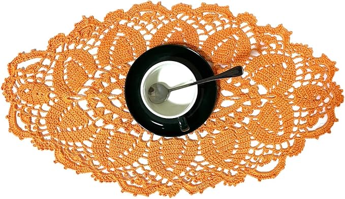 BIBITIME 2PCS 12 in x 22 in Lace Tablecloth Doily Handmade Crochet Placemat Women Vase Mat Kitchen Table Runner (Orange)